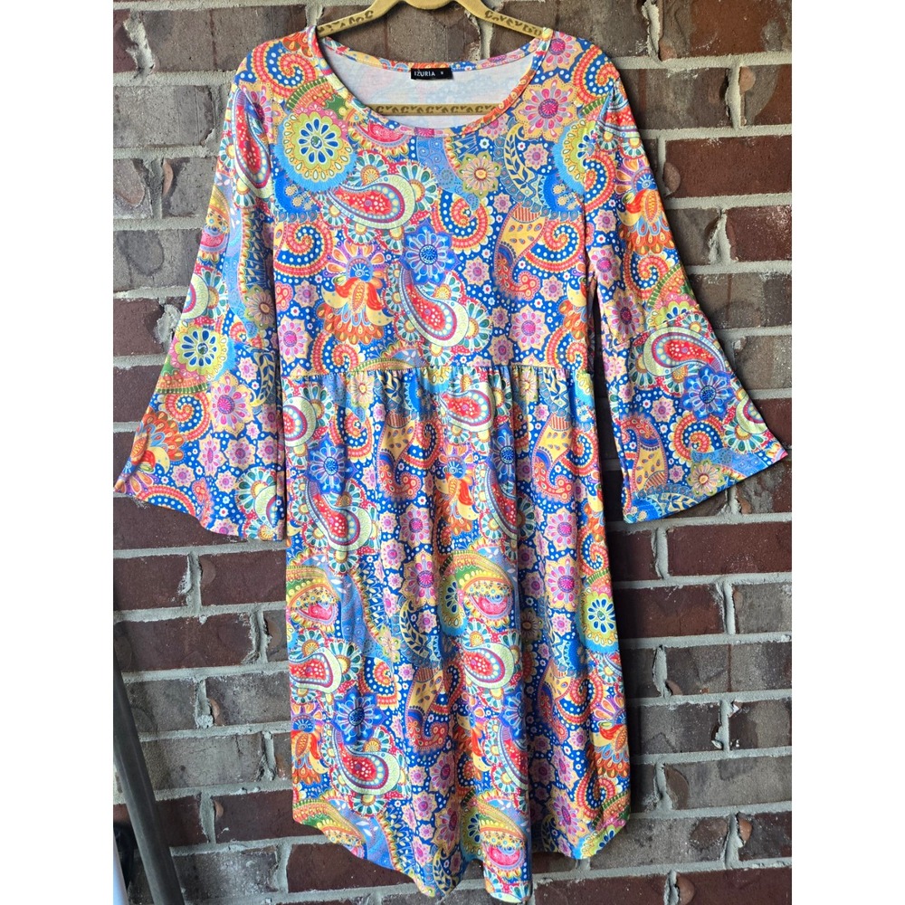 IZURIA Women's Blue Multicolor Paisley Knit Stretch A-Line Dress M 3/4 Bell